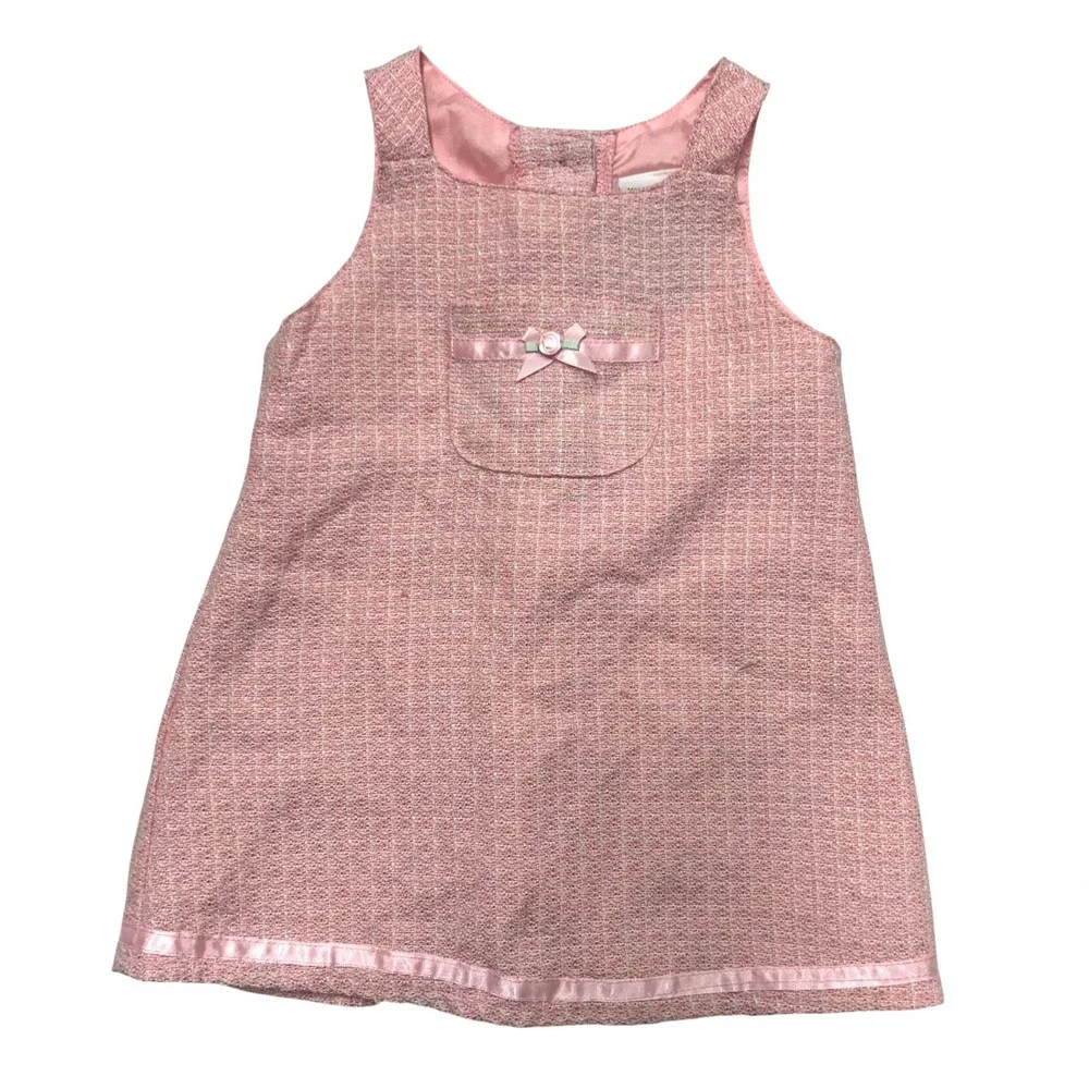 Coquette Pink Tweed Bow Jumper Dress 18M Preppy Classic Girly Pastel Old Money